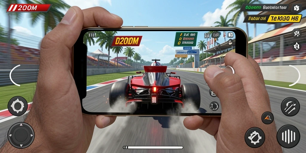 Tampilan gameplay D200M yang menampilkan mobil balap di trek yang menantang.