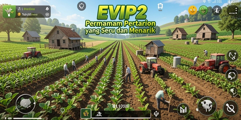 Tangkapan layar gameplay EVIP2 dengan aktivitas pertanian yang menarik.